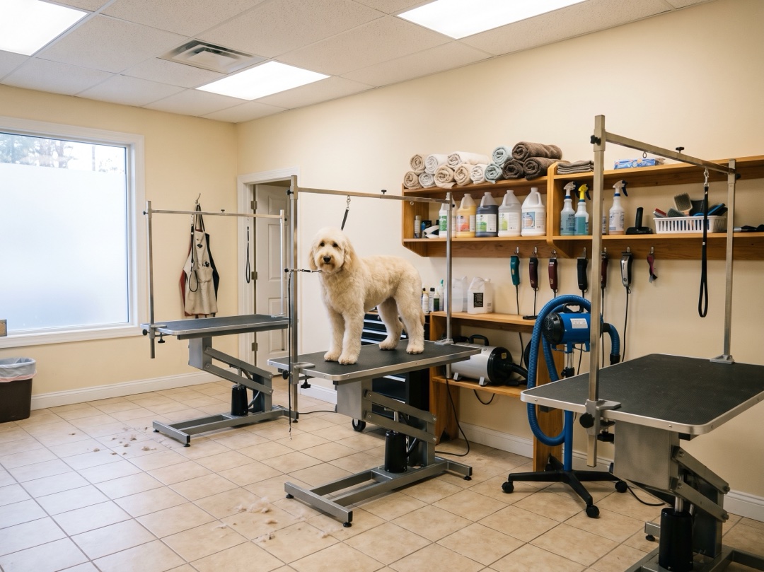 A bright grooming room with three hydraulic tables, a doodle standing on one, and shelves of shampoos and clippers